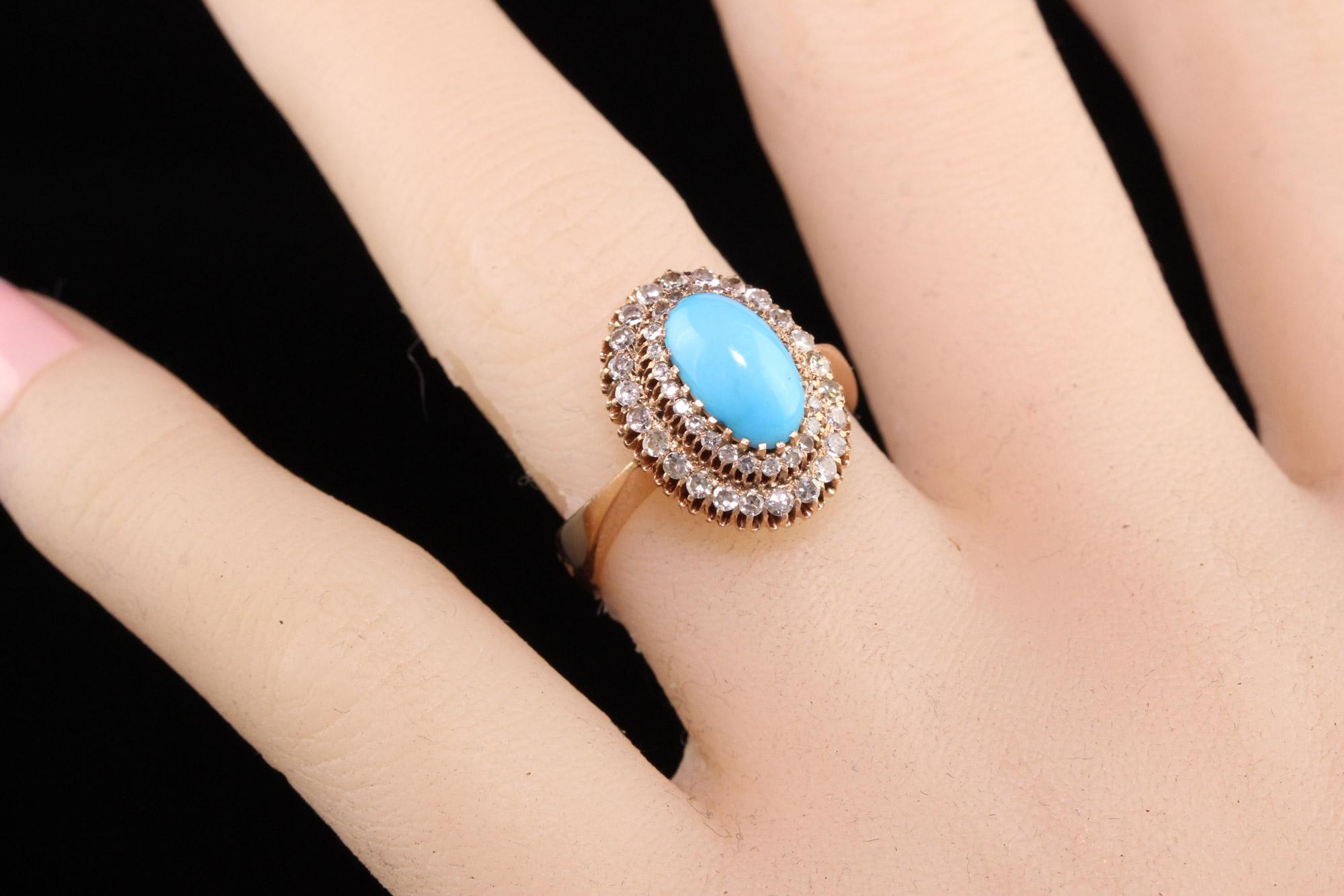 Antique Art Deco 14K Rose Gold Turquoise and Diamond Cocktail Ring In Good Condition In Great Neck, NY