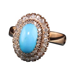 Antique Art Deco 14K Rose Gold Turquoise and Diamond Cocktail Ring