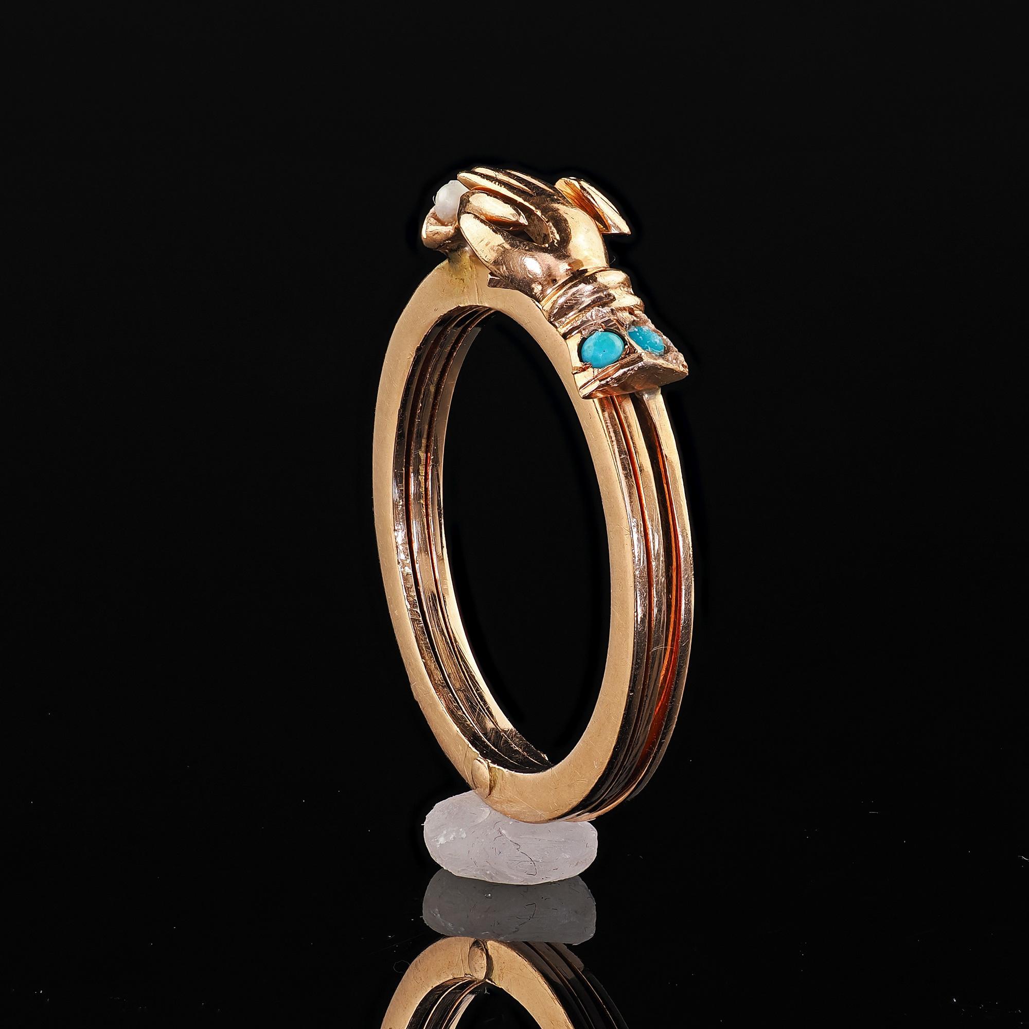 Anillo Antiguo Art Decó de Oro Rosa de 14K con Turquesa y Perla Fede Corazón en Mano en venta 5