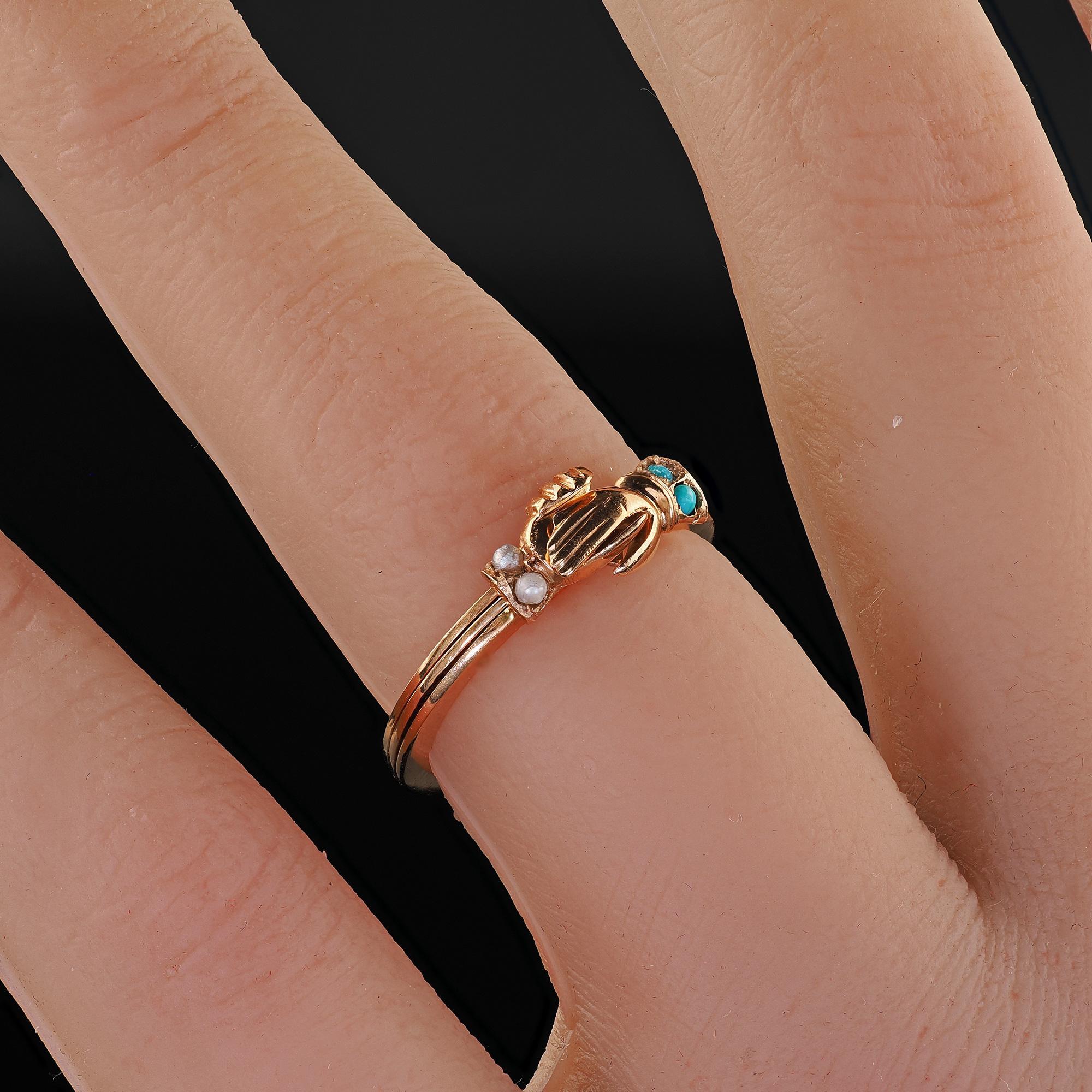Anillo Antiguo Art Decó de Oro Rosa de 14K con Turquesa y Perla Fede Corazón en Mano en venta 6