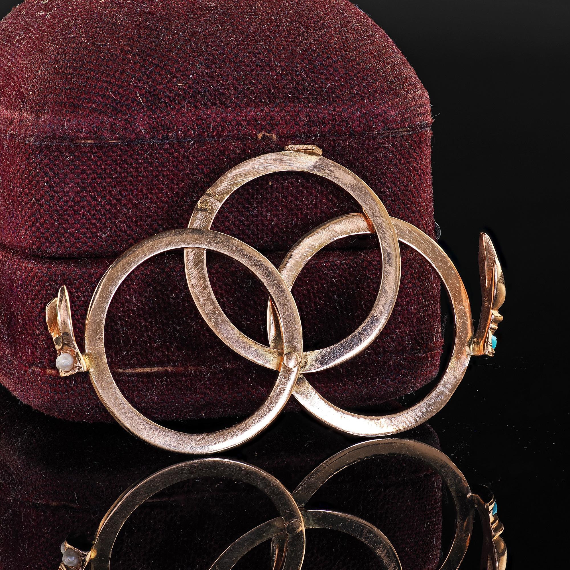 Anillo Antiguo Art Decó de Oro Rosa de 14K con Turquesa y Perla Fede Corazón en Mano Cuenta en venta