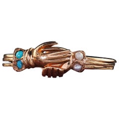 Anillo Antiguo Art Decó de Oro Rosa de 14K con Turquesa y Perla Fede Corazón en Mano