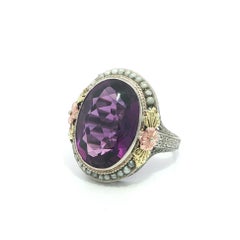 Antique Art Deco 14k Tri Color Gold Oval Amethyst Seed Pearl Filigree Ring