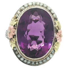 Antique Art Deco 14k Tri Color Gold Oval Amethyst Seed Pearl Filigree Ring