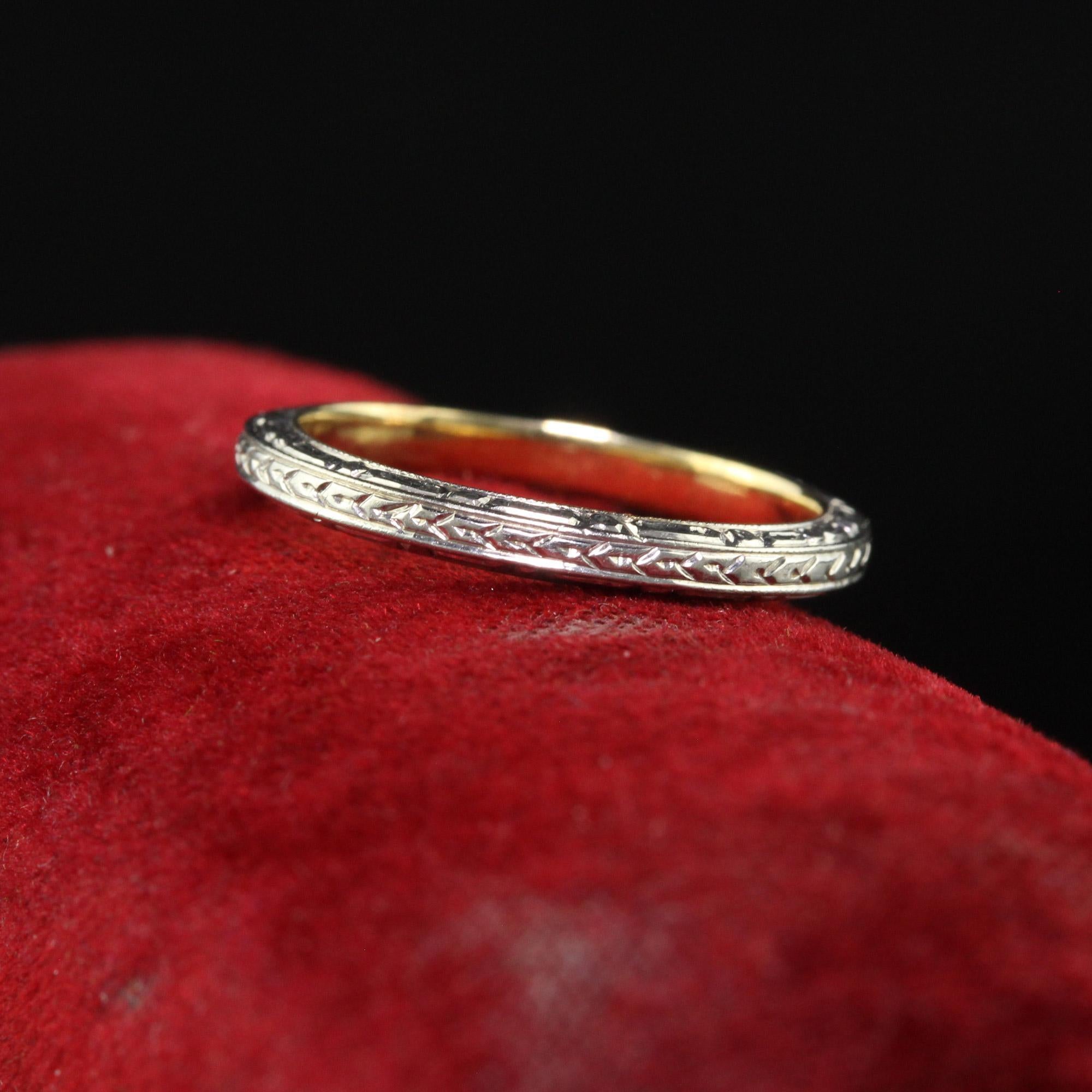 Women's Antique Art Deco 14K Two Tone Engraved Wedding Band - Size 5 1/4 For Sale