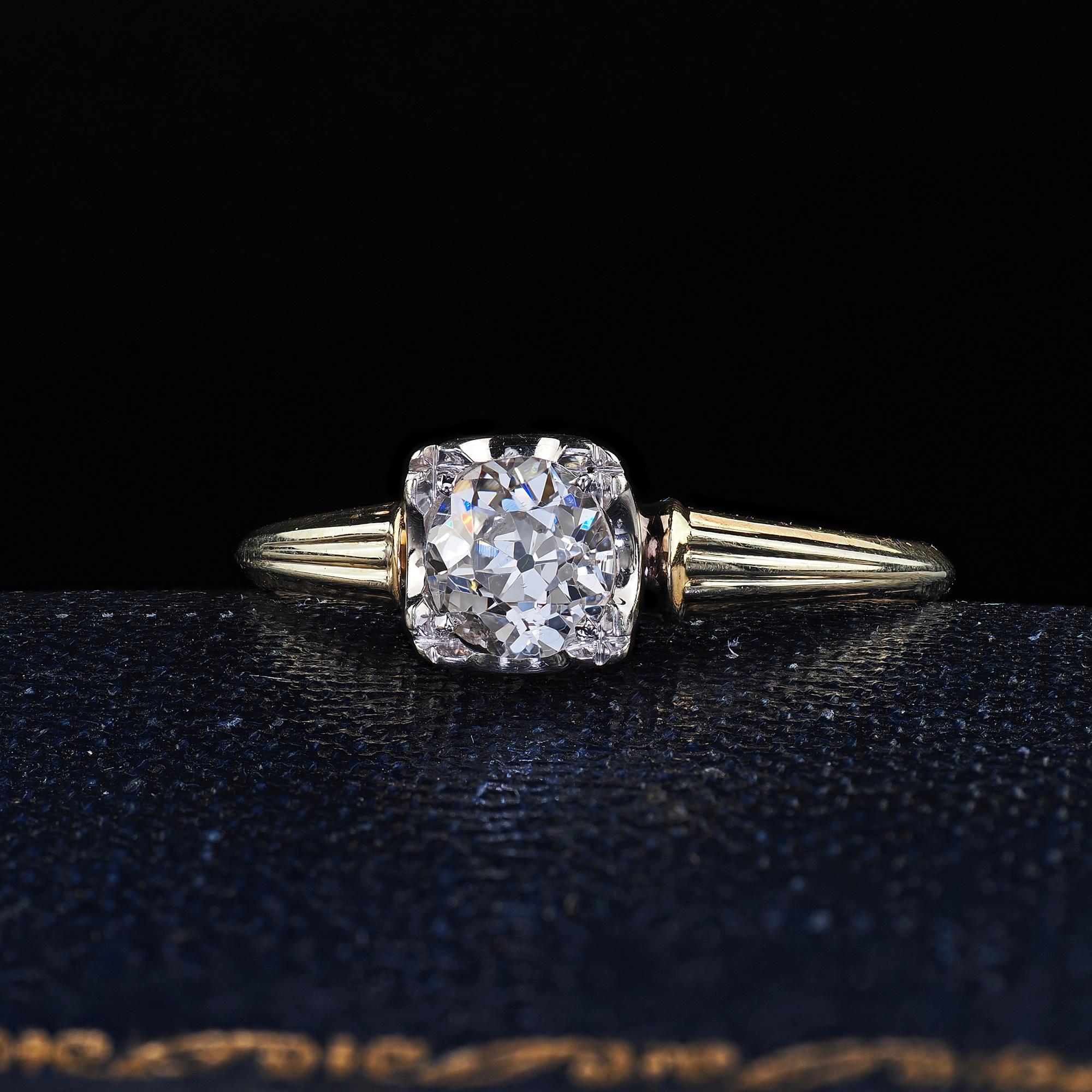Beautiful Antique Art Deco 14K Two Tone Gold Granat Bros Old Euro Diamond Engagement Ring. This beautiful Art Deco Granat Brothers engagement ring is crafted in 14k yellow and white gold. The ring features a beautiful old European cut diamond in the