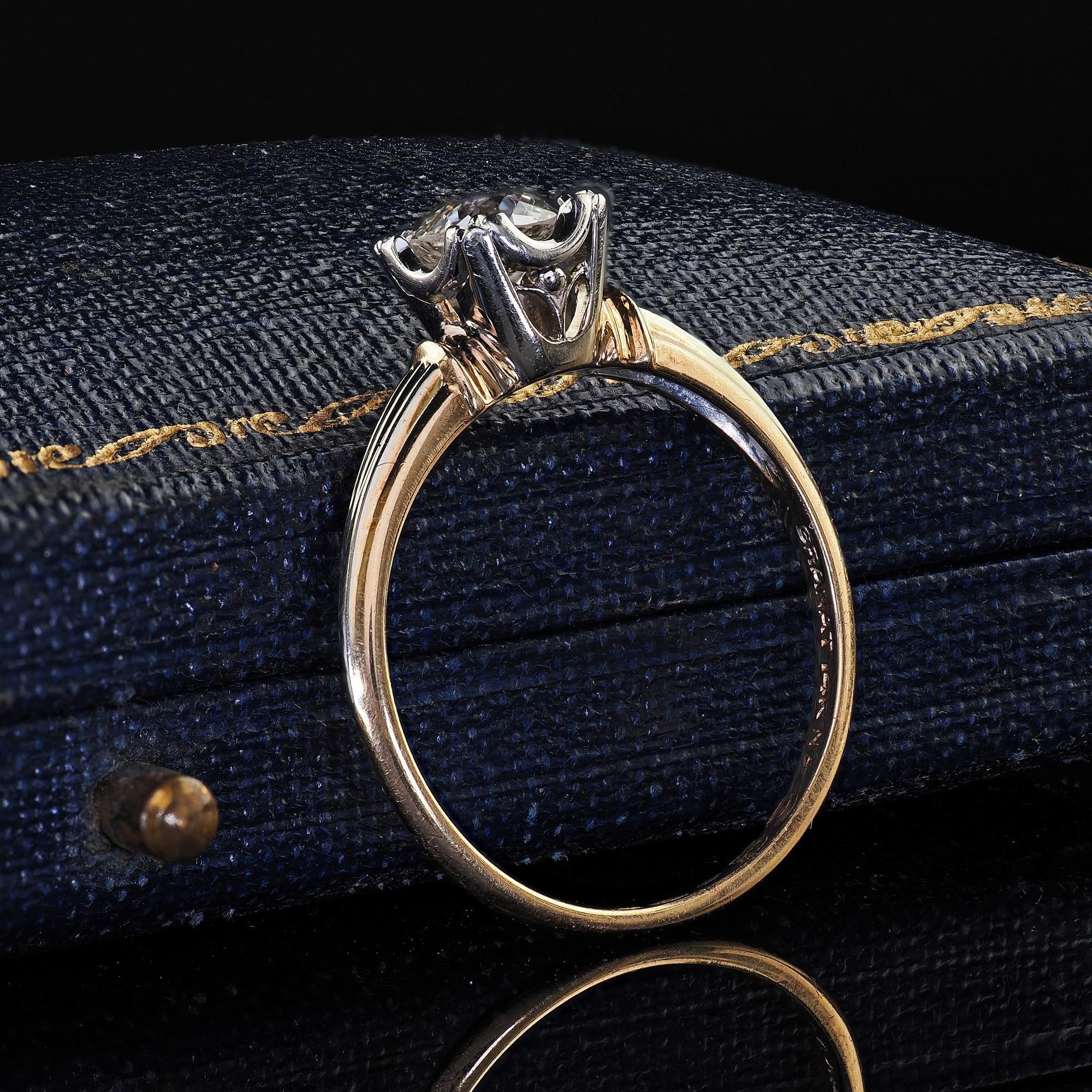 Old European Cut Antique Art Deco 14K Two Tone Gold Granat Bros Old Euro Diamond Engagement Ring