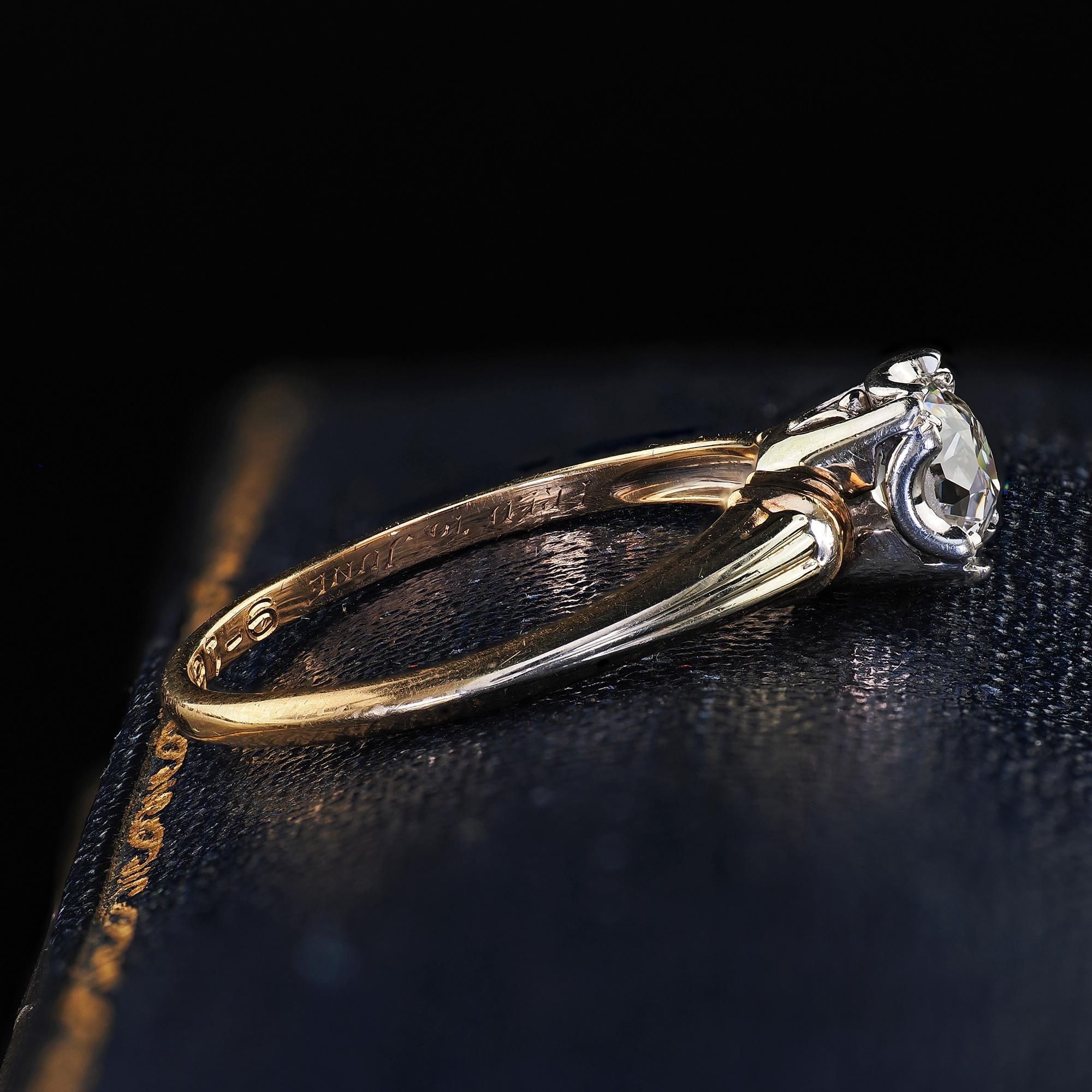 Antique Art Deco 14K Two Tone Gold Granat Bros Old Euro Diamond Engagement Ring In Good Condition In Great Neck, NY