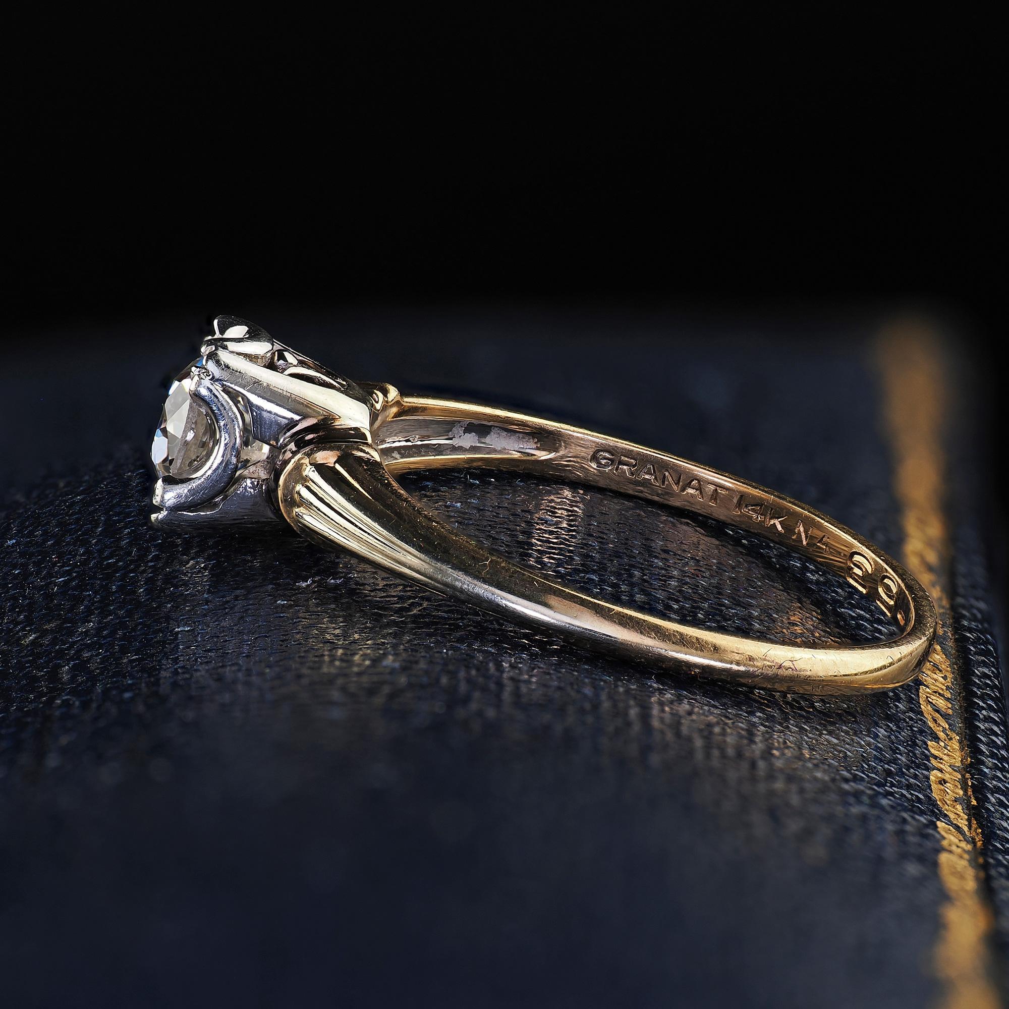 Women's Antique Art Deco 14K Two Tone Gold Granat Bros Old Euro Diamond Engagement Ring