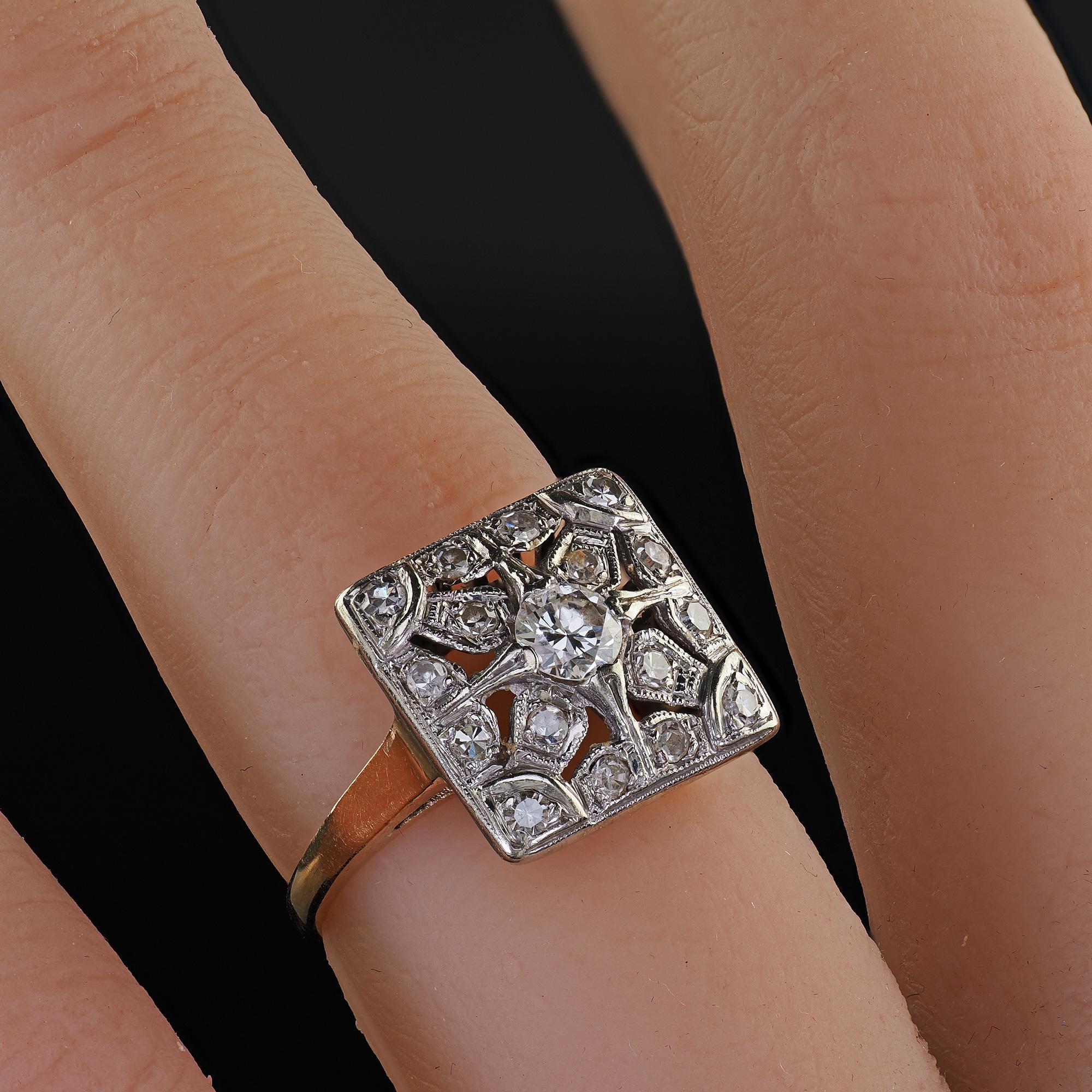 Antiker Art Deco 14K Zweifarbiges Gold Altschliff Diamant Filigran Cocktail Ring im Angebot 4
