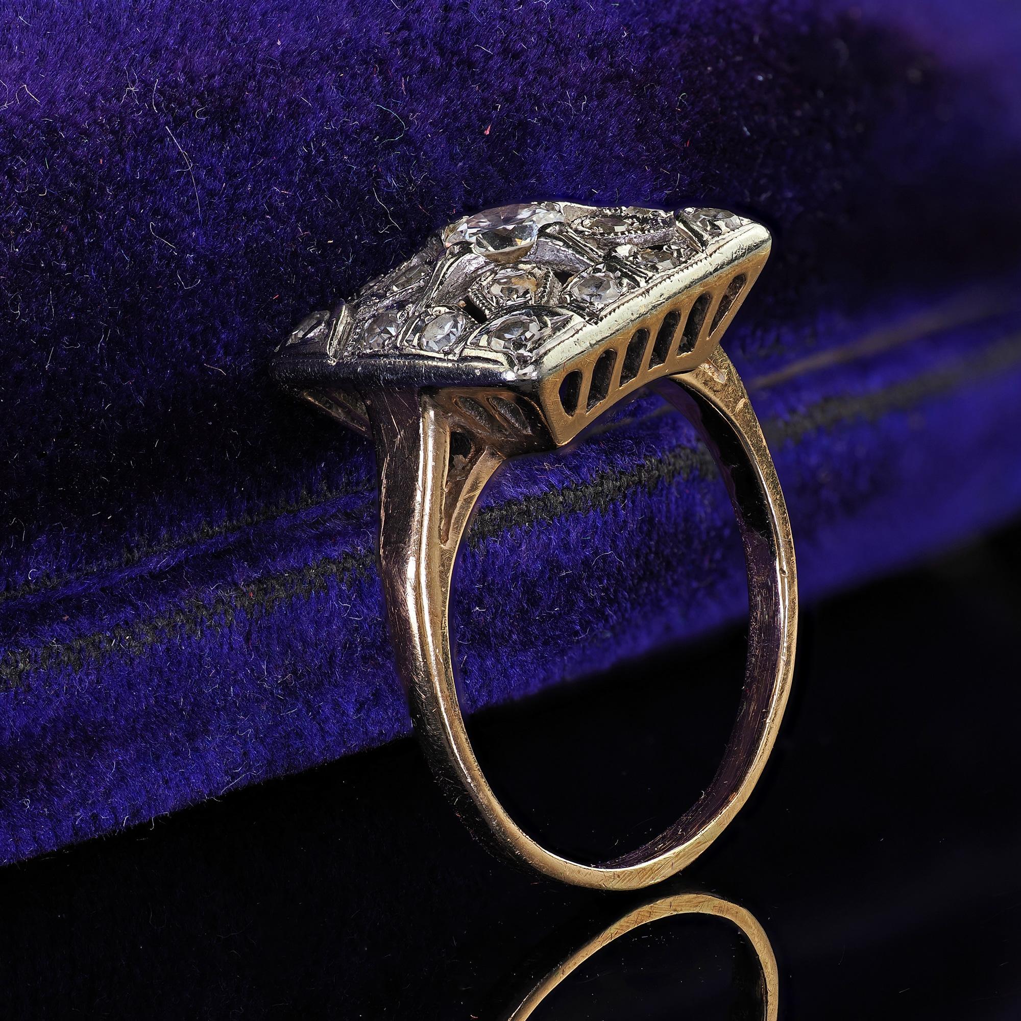 Antiker Art Deco 14K Zweifarbiges Gold Altschliff Diamant Filigran Cocktail Ring (Art déco) im Angebot