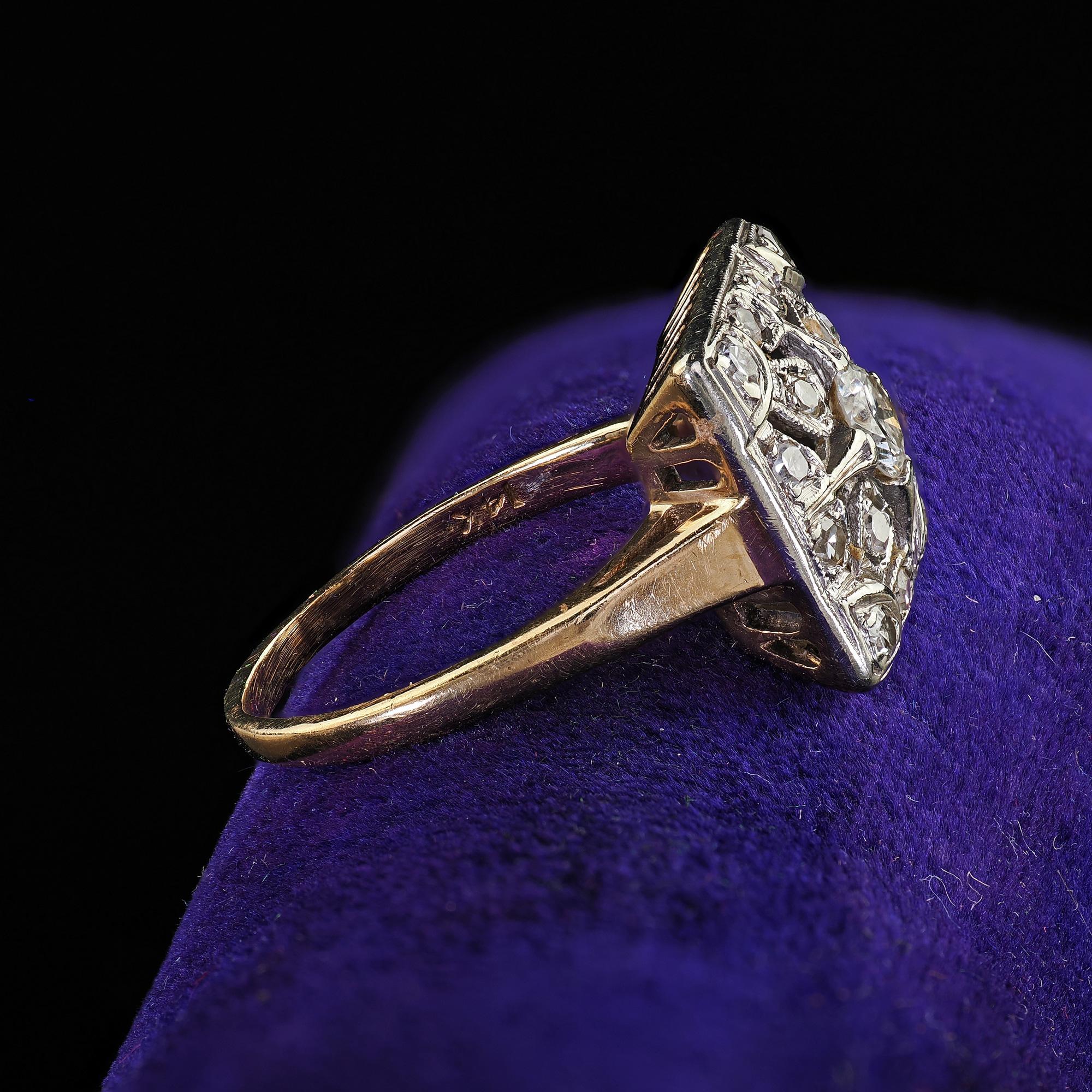 Antiker Art Deco 14K Zweifarbiges Gold Altschliff Diamant Filigran Cocktail Ring (Alteuropäischer Schliff) im Angebot