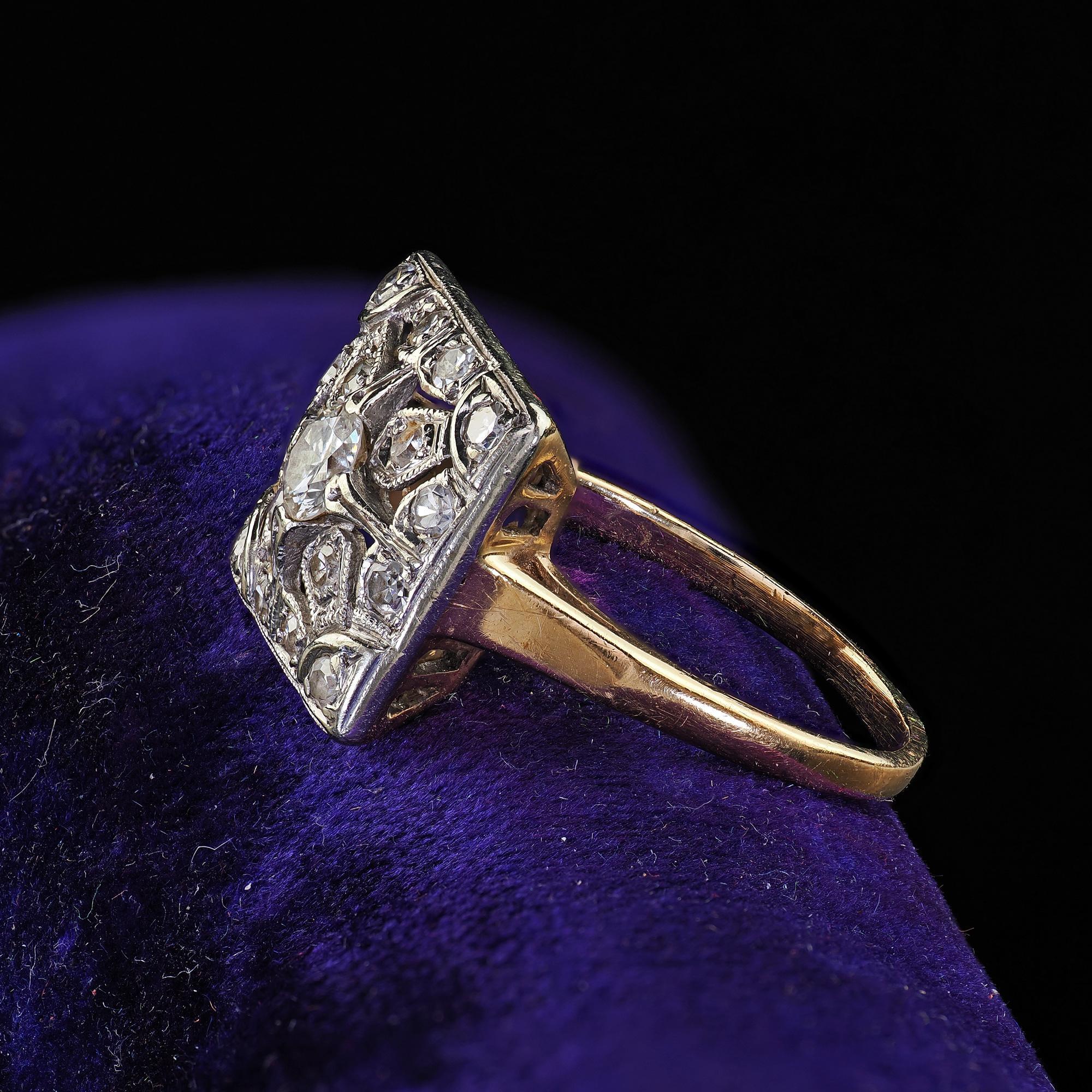 Antiker Art Deco 14K Zweifarbiges Gold Altschliff Diamant Filigran Cocktail Ring im Zustand „Gut“ im Angebot in Great Neck, NY