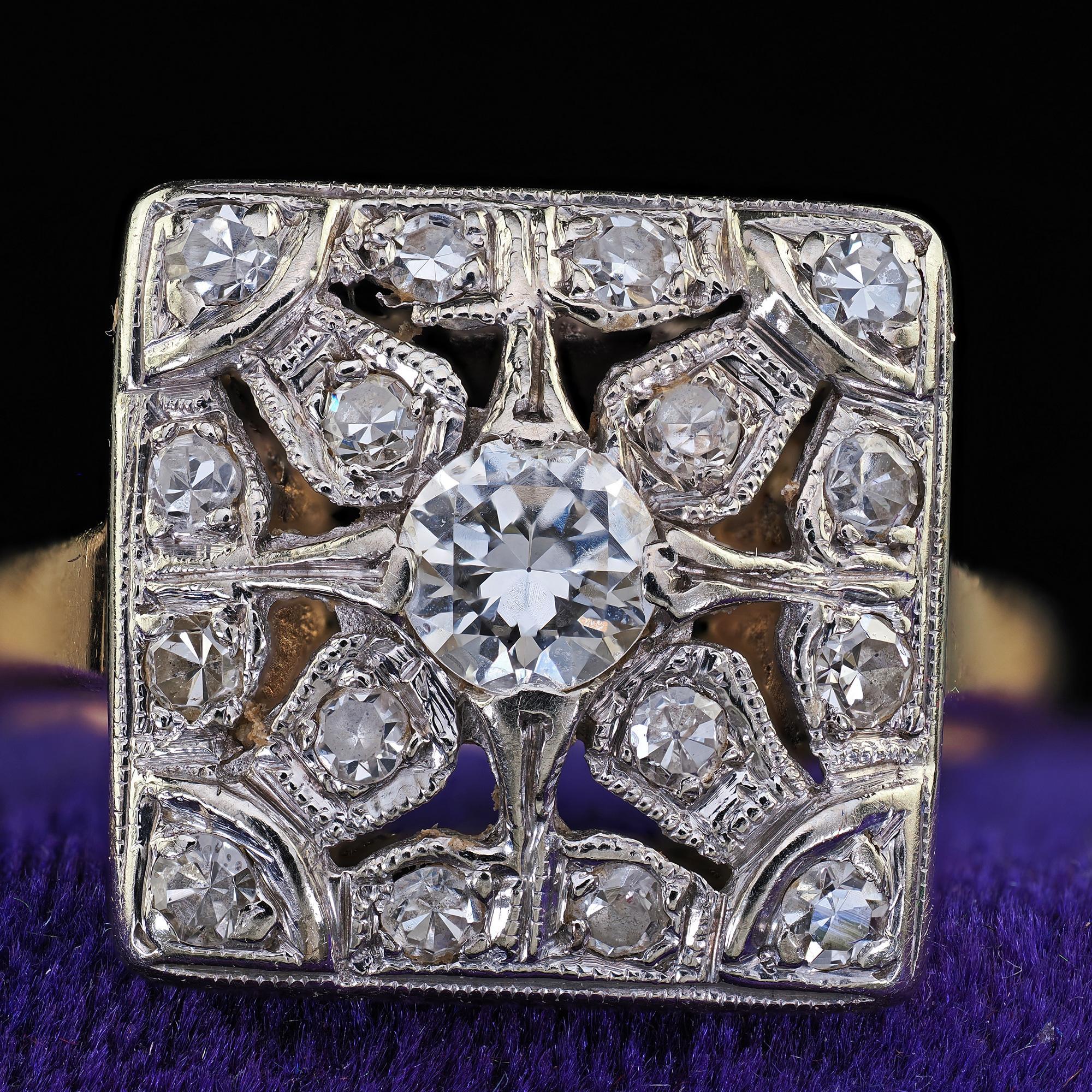 Antiker Art Deco 14K Zweifarbiges Gold Altschliff Diamant Filigran Cocktail Ring Damen im Angebot