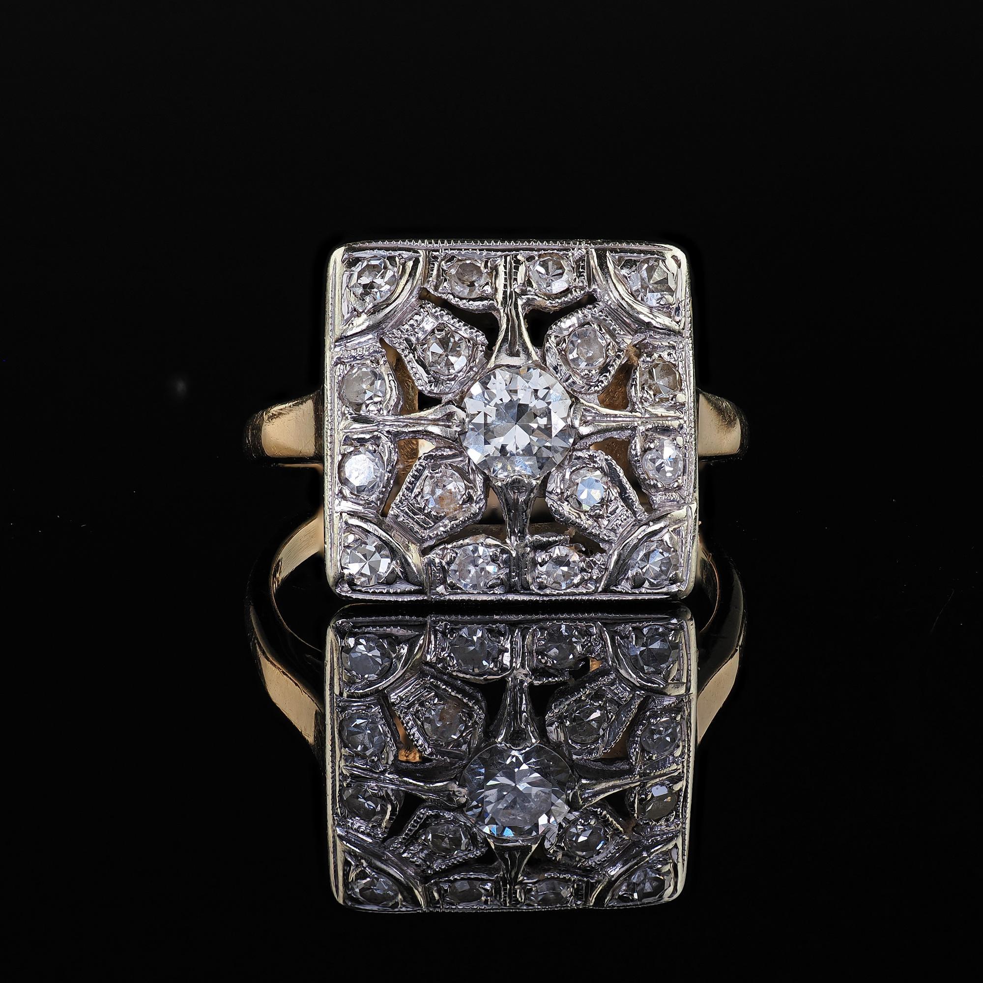 Antiker Art Deco 14K Zweifarbiges Gold Altschliff Diamant Filigran Cocktail Ring im Angebot 1