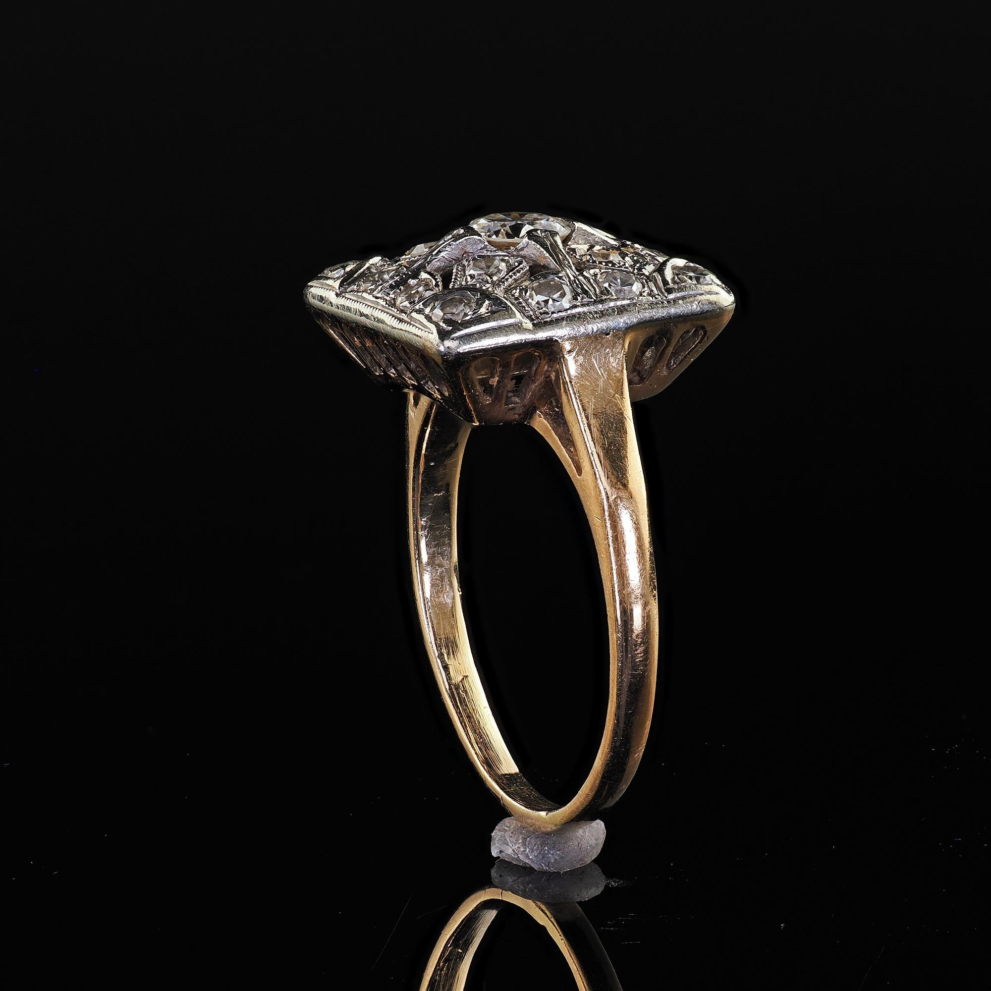 Antiker Art Deco 14K Zweifarbiges Gold Altschliff Diamant Filigran Cocktail Ring im Angebot 3