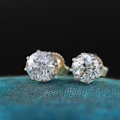Antique Art Deco 14K Two Tone Gold Old European Diamond Stud Earrings