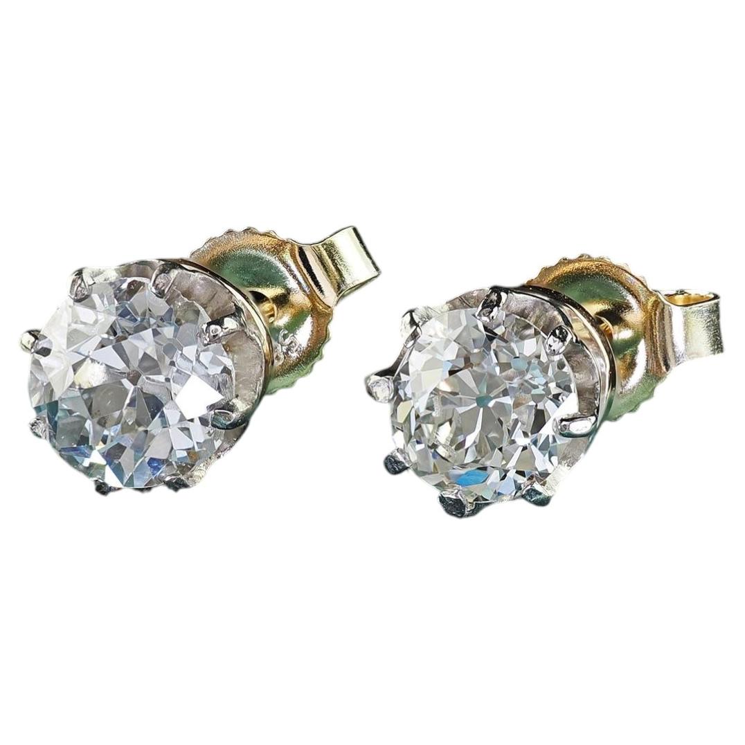 Antique Art Deco 14K Two Tone Gold Old European Diamond Stud Earrings