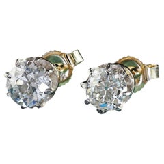 Antique Art Deco 14K Two Tone Gold Old European Diamond Stud Earrings