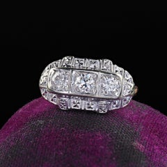 Antique Art Deco 14K Two Tone Old European Cut Three Stone Diamond Ring