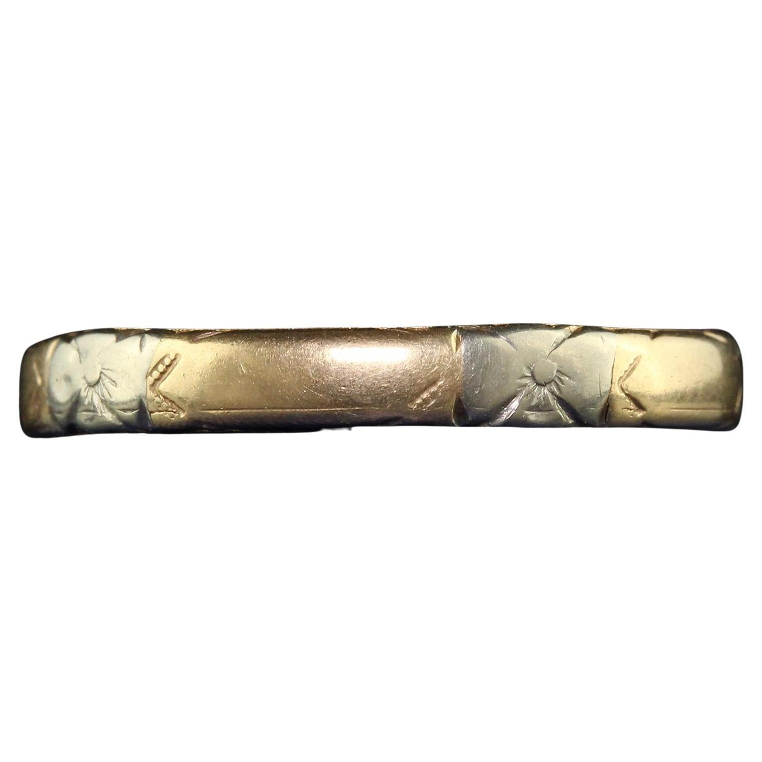 Antiguo Art Decó 14K Dos Tonos Oro Amarillo Alianza de Boda Grabada - Talla 9