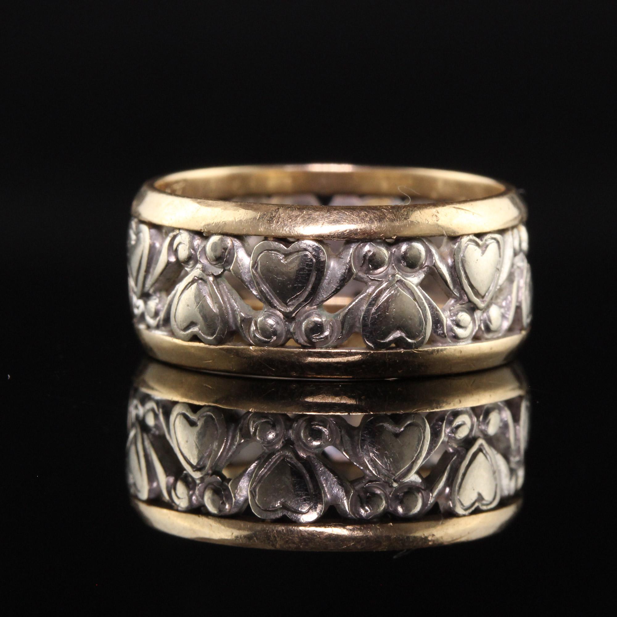 Antique Art Deco 14K White and Yellow Gold Wide Heart Wedding Band In Good Condition In Great Neck, NY