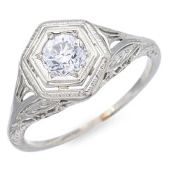 Antique Art Deco 14K White Gold 0.47ct Old European Cut Diamond Solitaire Ring