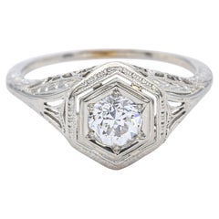 Antique Art Deco 14K White Gold 0.47ct Old European Cut Diamond Solitaire Ring