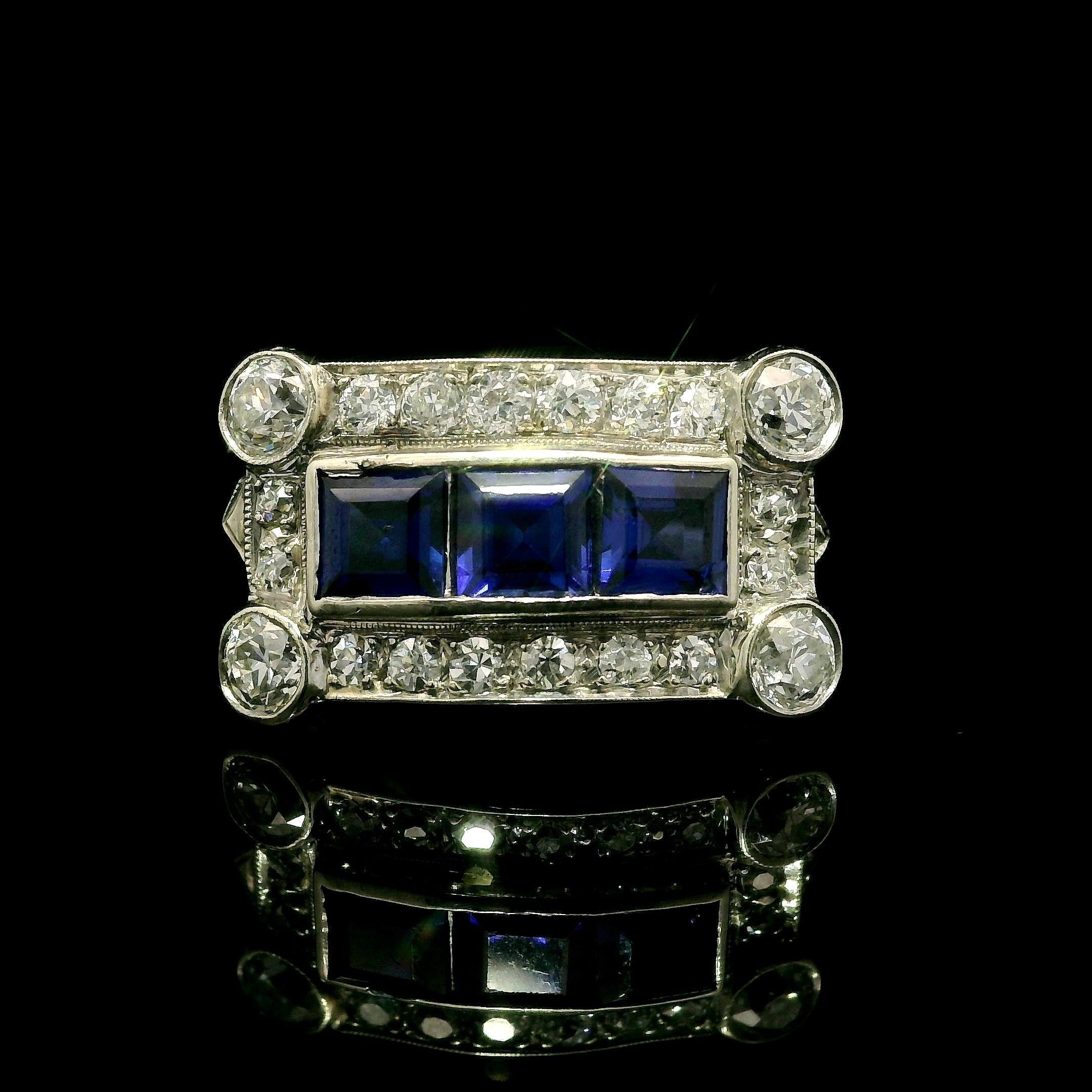 Antiker Art Deco 14k Weißgold 0,70ctw Diamant & Saphir East West Sattelring (Art déco) im Angebot
