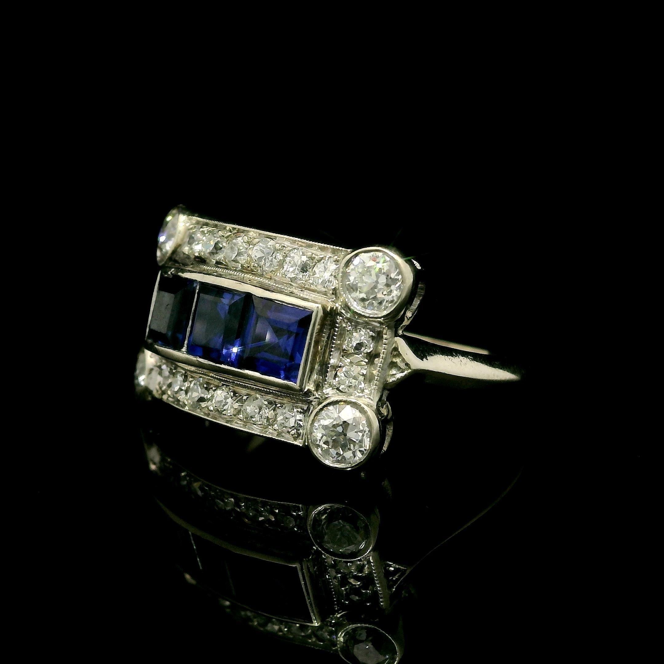 Antiker Art Deco 14k Weißgold 0,70ctw Diamant & Saphir East West Sattelring im Zustand „Gut“ im Angebot in Montclair, NJ