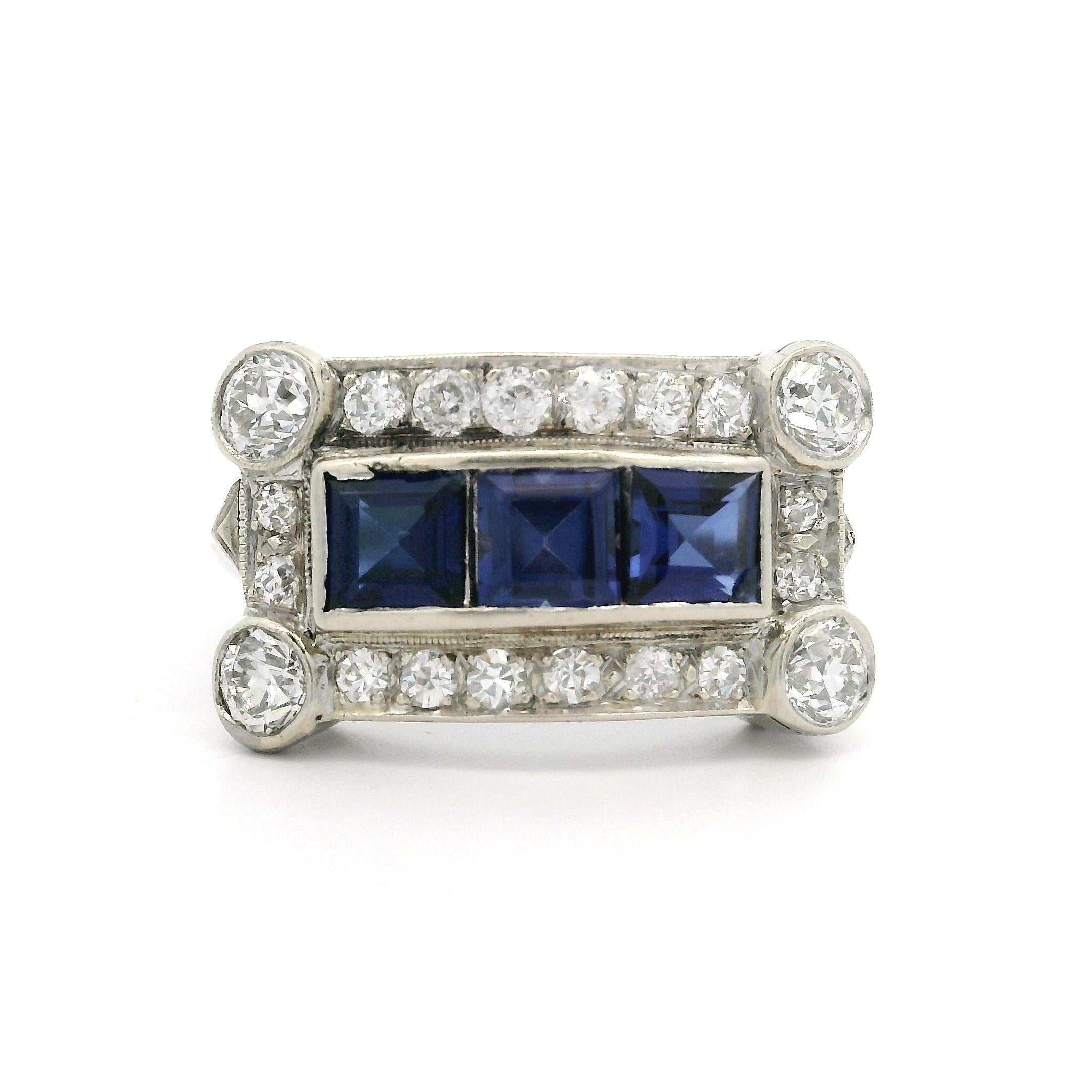 Antiker Art Deco 14k Weißgold 0,70ctw Diamant & Saphir East West Sattelring Damen im Angebot