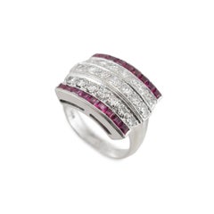 Antique Art Deco 14K White Gold 1.44ct Five Row Diamond Ruby Band Ring