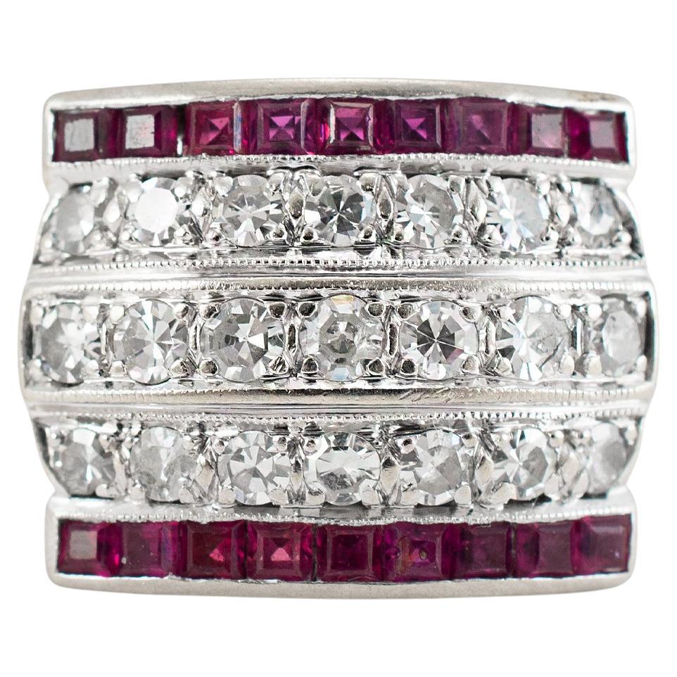Antique Art Deco 14K White Gold 1.44ct Five Row Diamond Ruby Band Ring