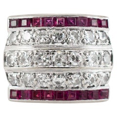 Antique Art Deco 14K White Gold 1.44ct Five Row Diamond Ruby Band Ring