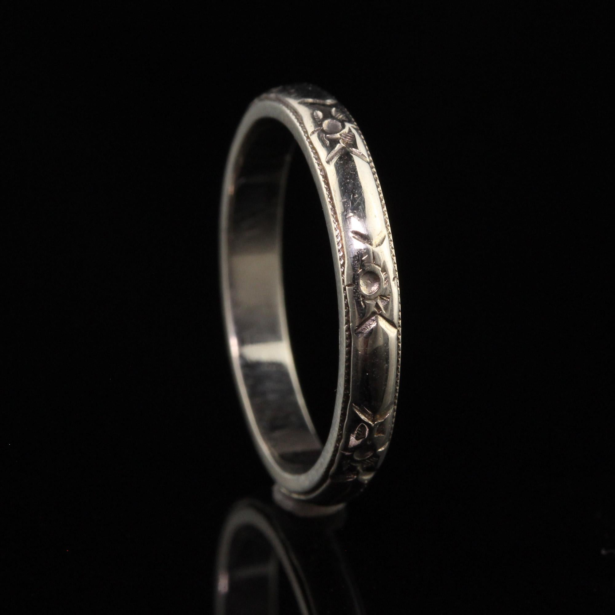 Antique Art Deco 14K White Gold Blossom Engraved Wedding Band For Sale 1