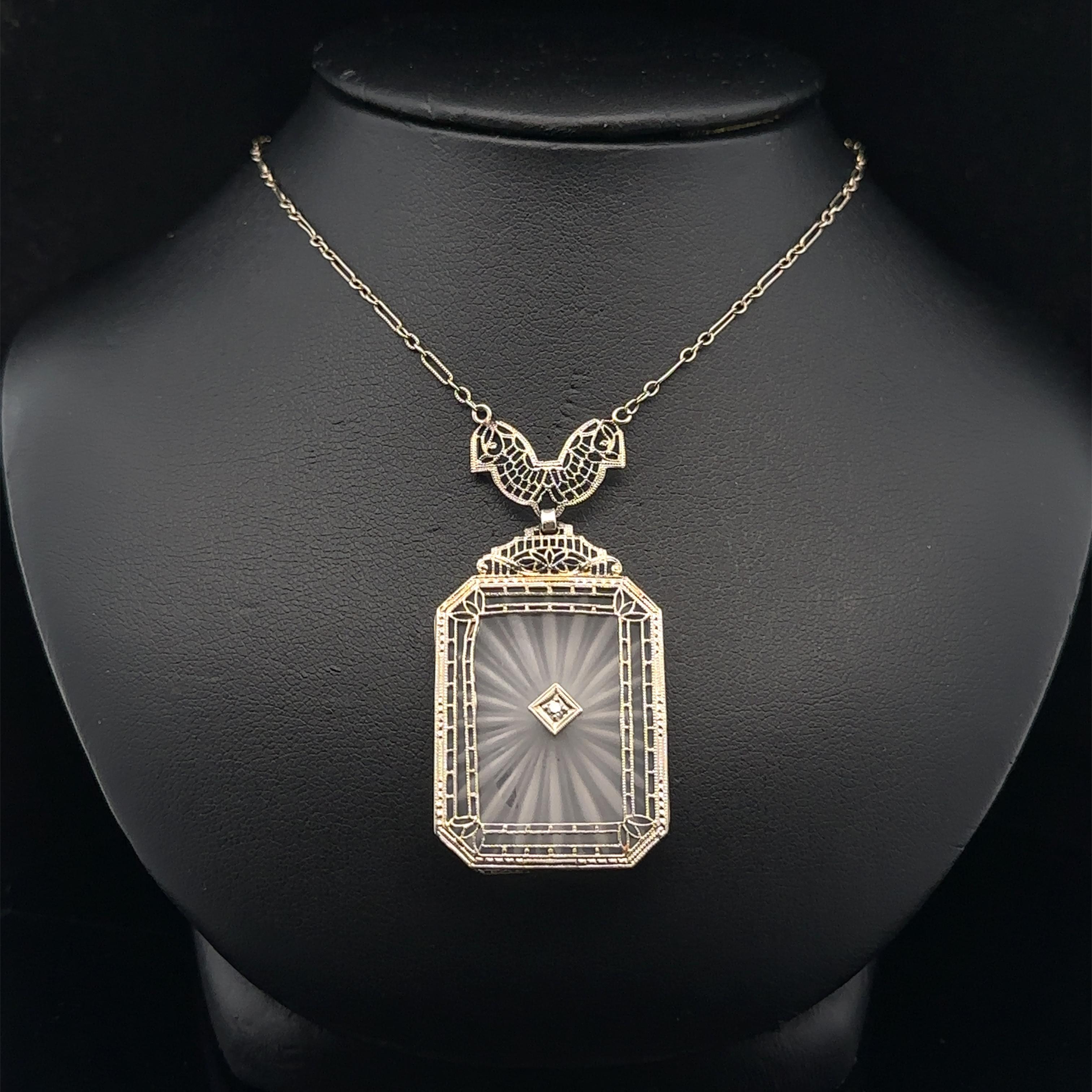 Antique Art Deco 14k White Gold Camphor Glass Diamond Filigree Pendant Necklace For Sale 5