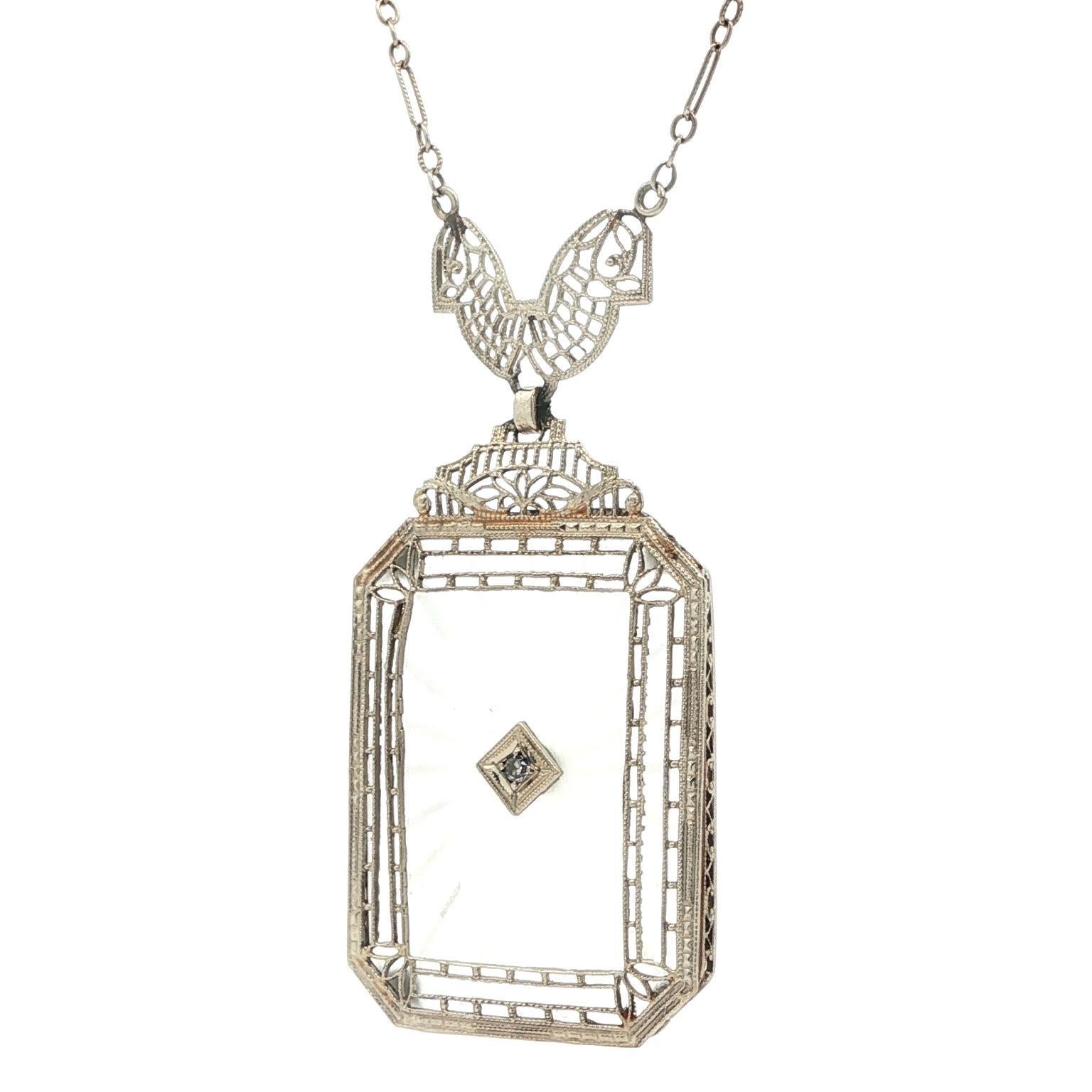 Antique Art Deco 14k White Gold Camphor Glass Diamond Filigree Pendant Necklace In Excellent Condition For Sale In Montclair, NJ
