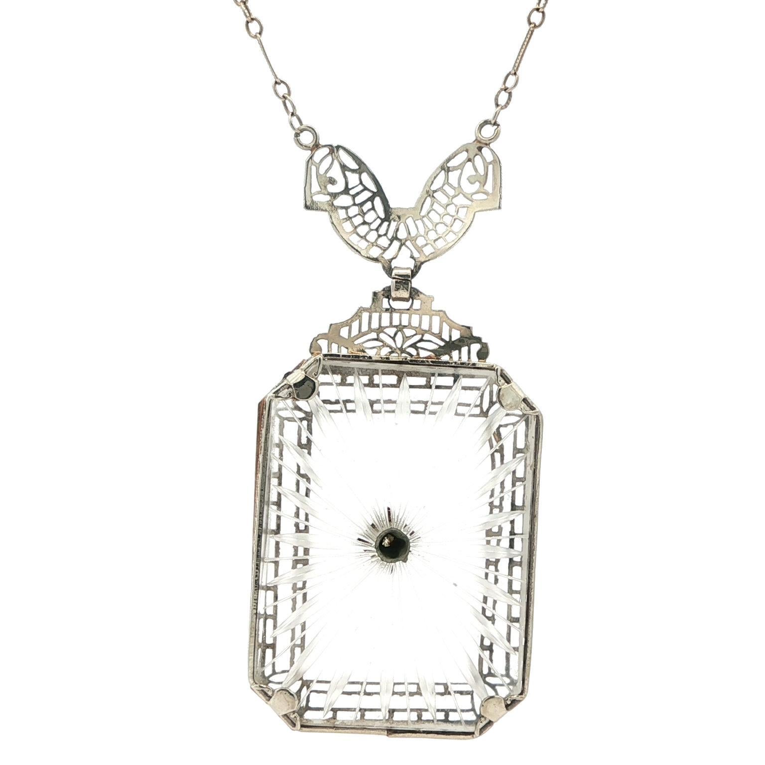 Women's Antique Art Deco 14k White Gold Camphor Glass Diamond Filigree Pendant Necklace For Sale