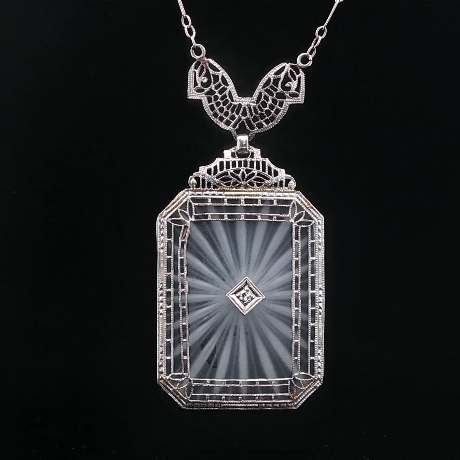Antique Art Deco 14k White Gold Camphor Glass Diamond Filigree Pendant Necklace For Sale 1