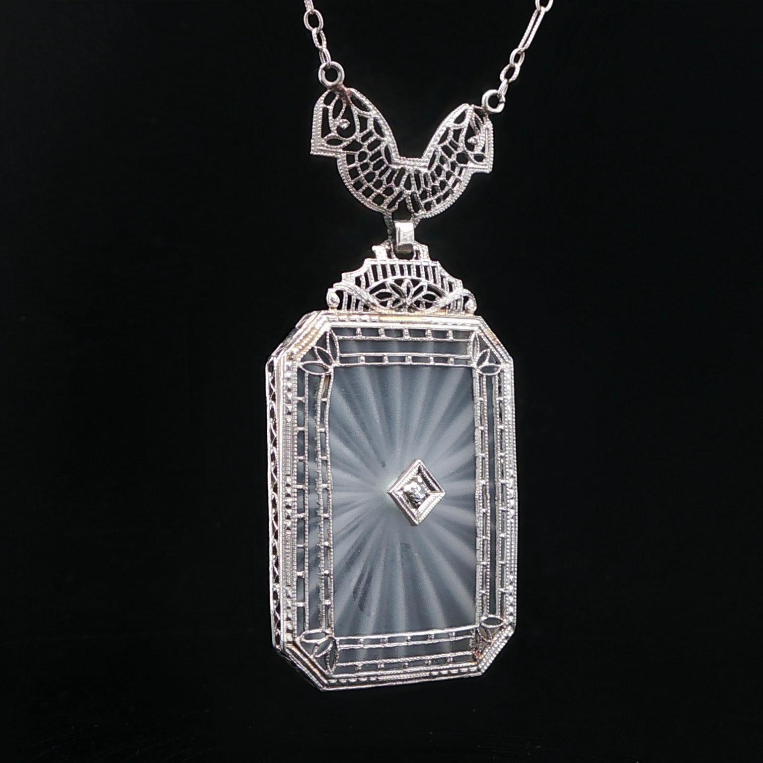 Antique Art Deco 14k White Gold Camphor Glass Diamond Filigree Pendant Necklace For Sale 2