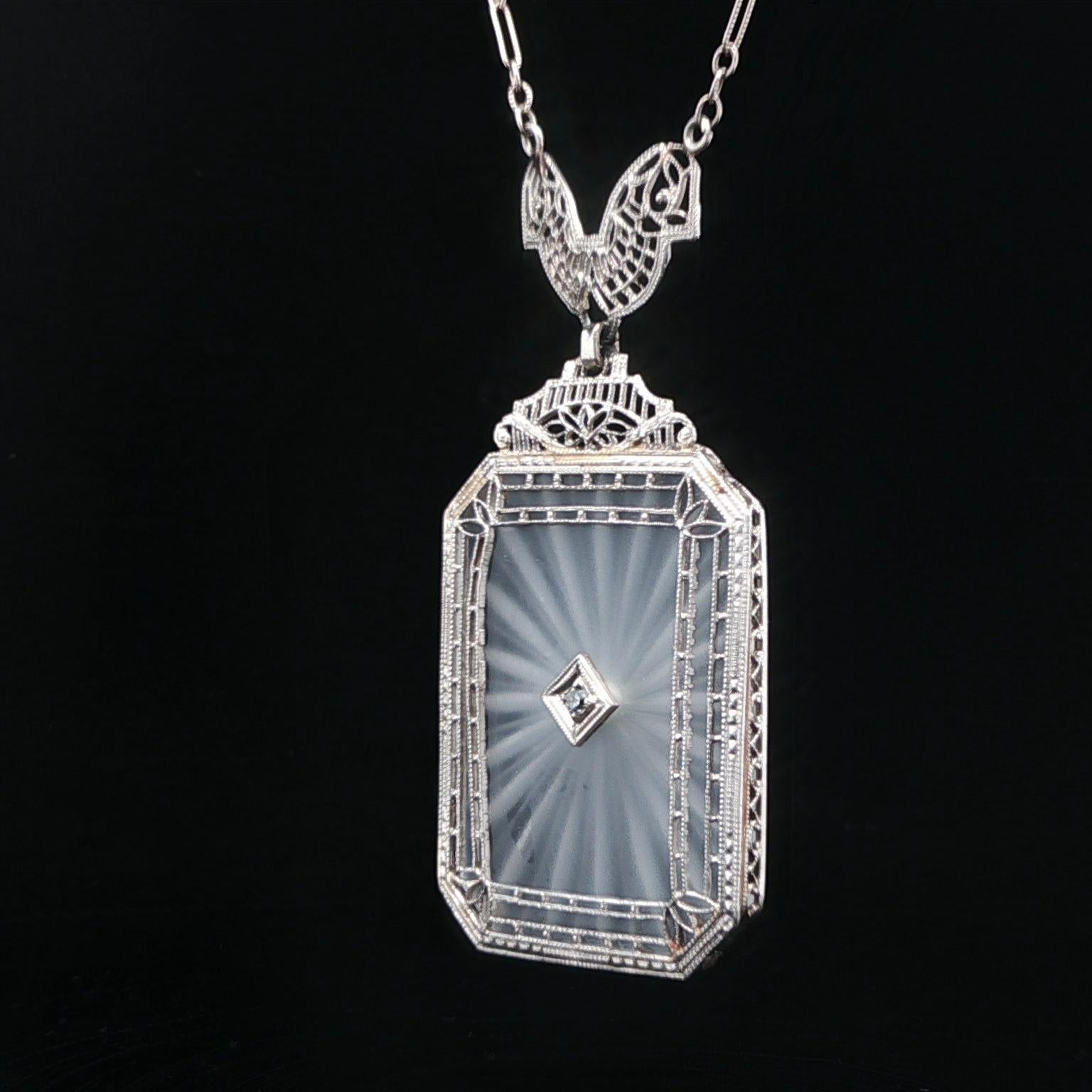 Antique Art Deco 14k White Gold Camphor Glass Diamond Filigree Pendant Necklace For Sale 3