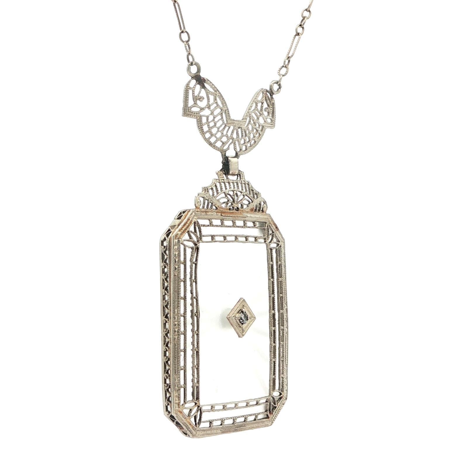 Antique Art Deco 14k White Gold Camphor Glass Diamond Filigree Pendant Necklace For Sale 4