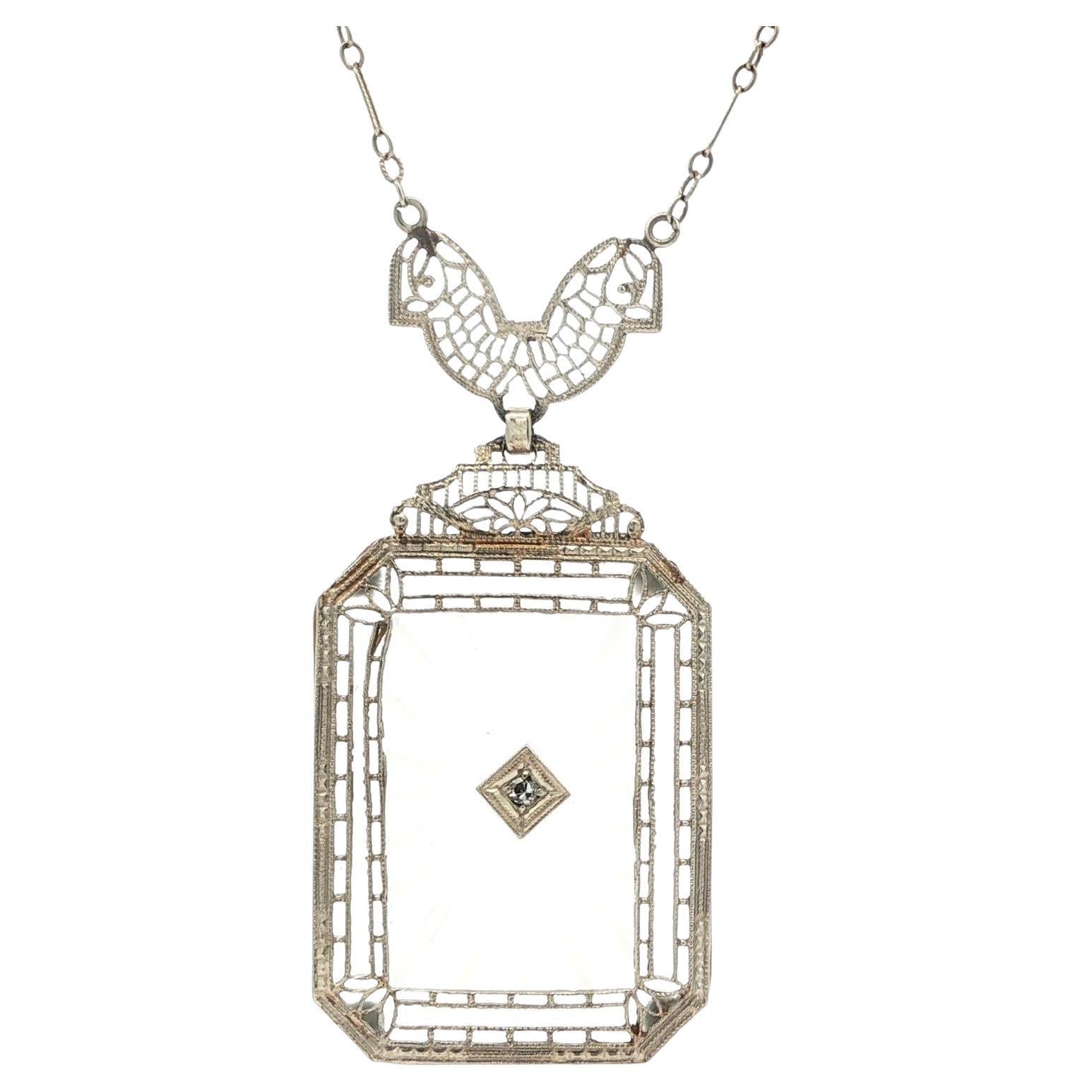 Antique Art Deco 14k White Gold Camphor Glass Diamond Filigree Pendant Necklace For Sale