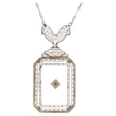 Antique Art Deco 14k White Gold Camphor Glass Diamond Filigree Pendant Necklace
