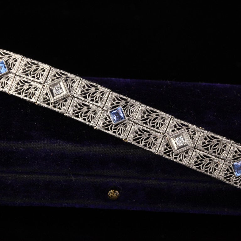 Beautiful antique diamond and sapphire bracelet.

Item #B0022

Metal: 14K White Gold

Weight: 24.9 Grams

Total Diamond Weight: Approximately 0.20 cts

Diamond Color: H

Diamond Clarity: SI1

Total Sapphire Weight: Approximately Approximately 0.50