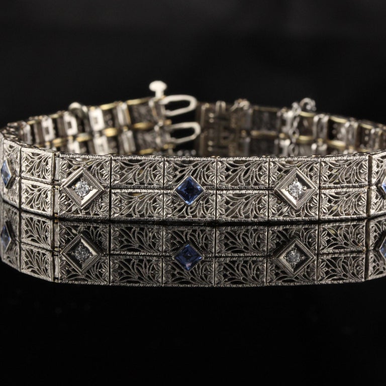 Old European Cut Antique Art Deco 14 Karat White Gold Diamond and Sapphire Bracelet For Sale