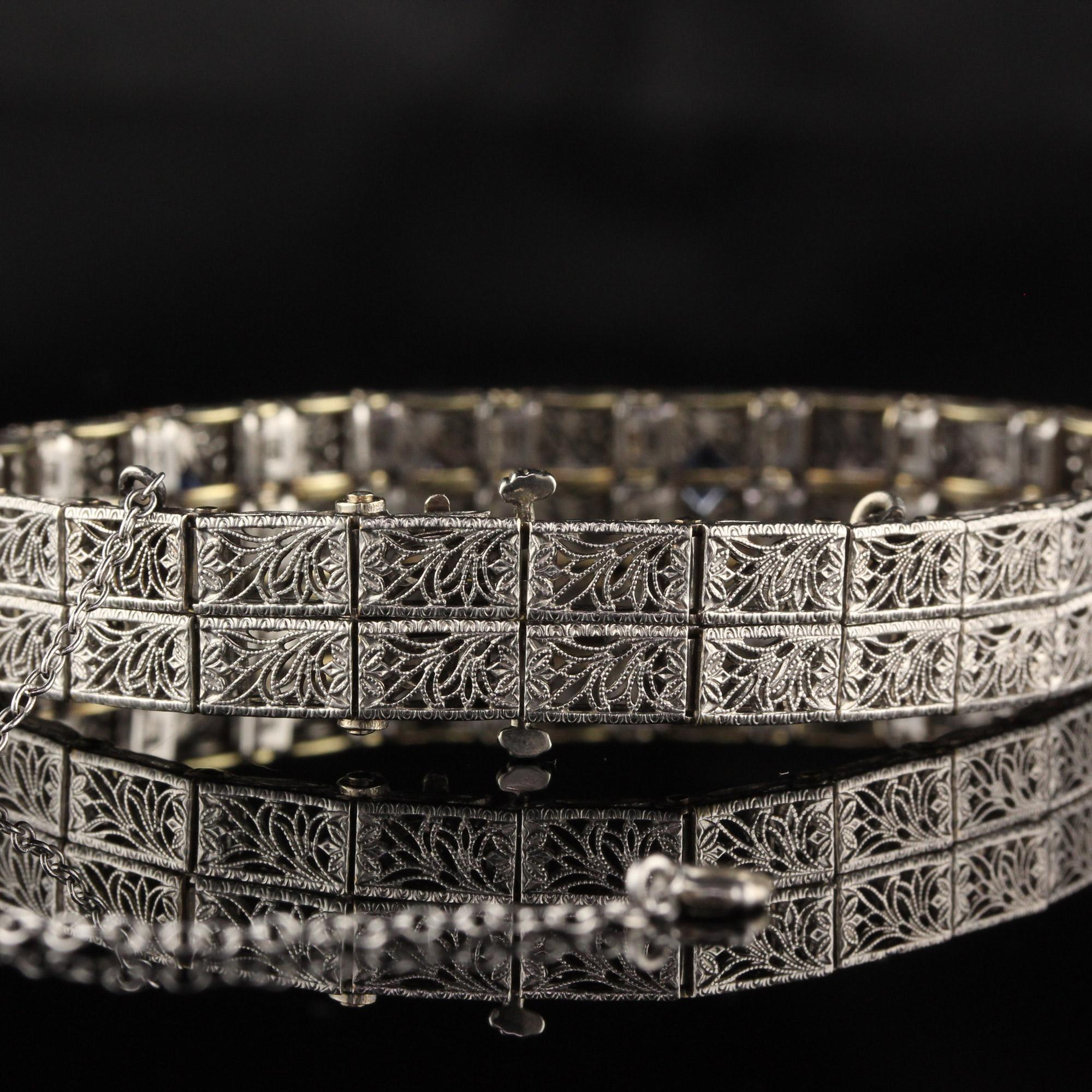 Antikes Art-déco-Armband aus 14 Karat Weißgold mit Diamanten und Saphiren (Alteuropäischer Schliff) im Angebot