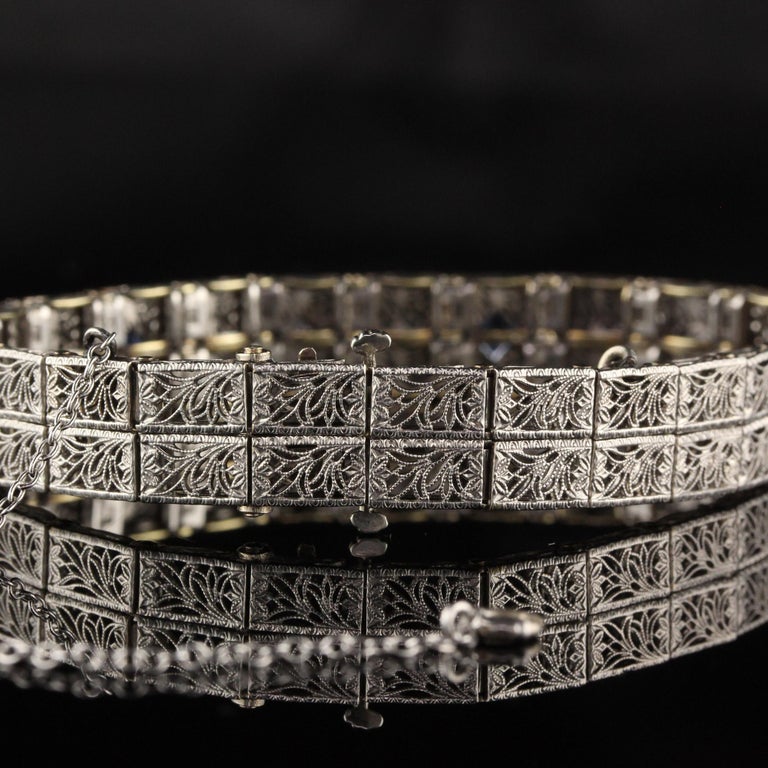 Antique Art Deco 14 Karat White Gold Diamond and Sapphire Bracelet In Good Condition For Sale In Great Neck, NY