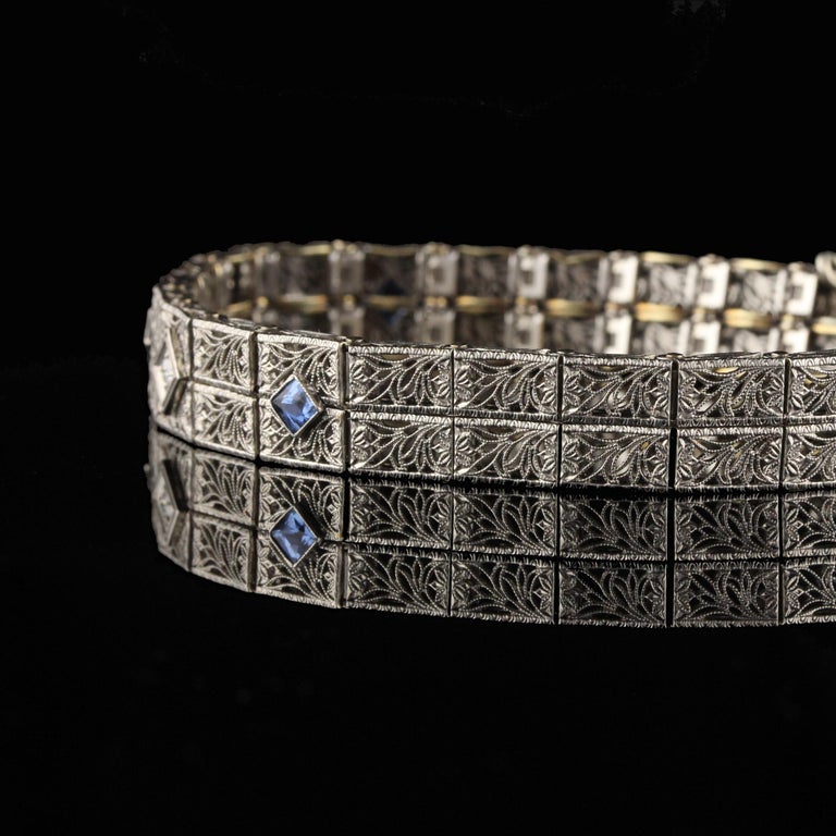 Women's or Men's Antique Art Deco 14 Karat White Gold Diamond and Sapphire Bracelet For Sale