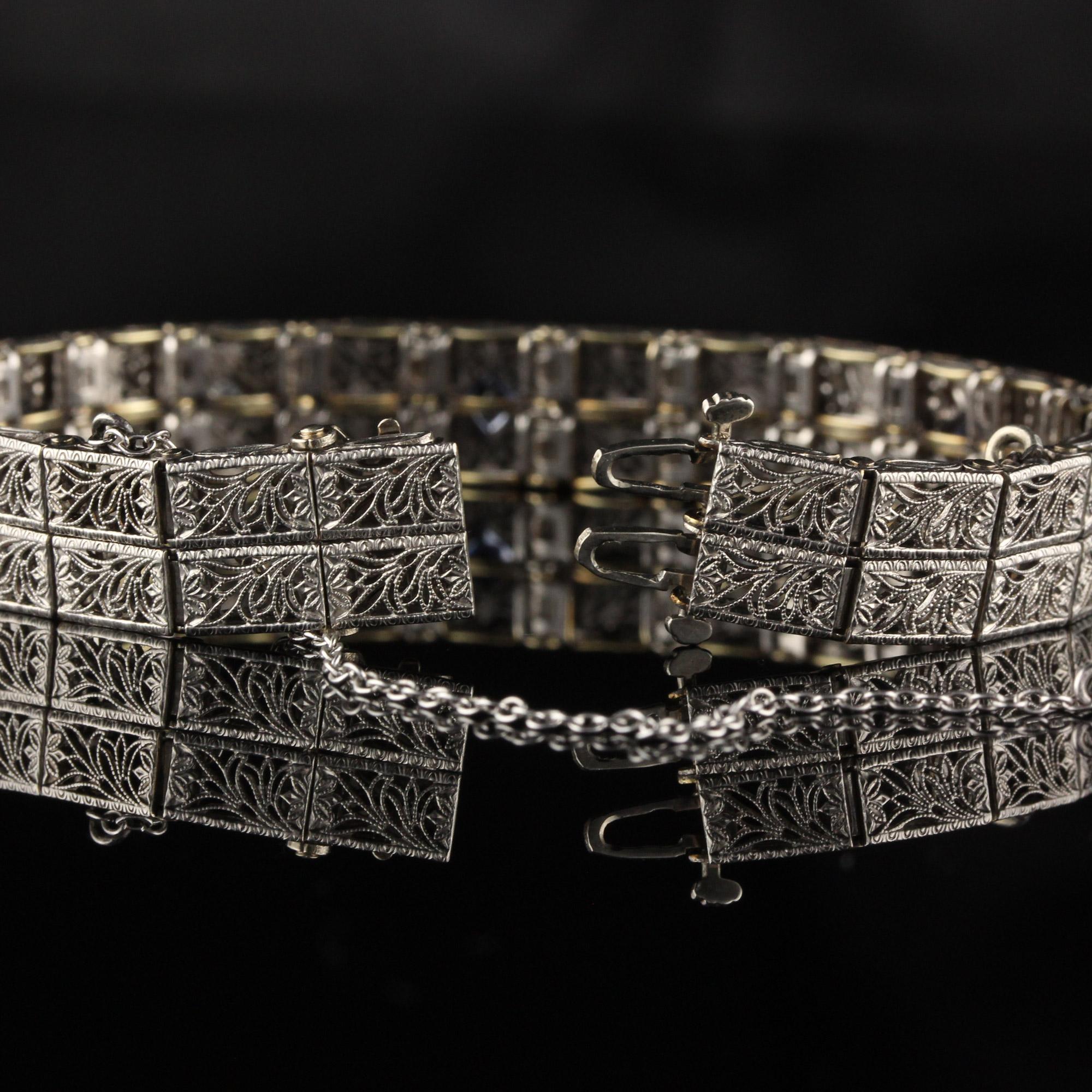 Old European Cut Antique Art Deco 14 Karat White Gold Diamond and Sapphire Bracelet For Sale